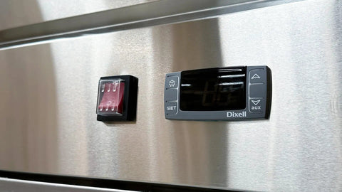 Control panel of the Commercial Three Door Reach In Freezer With Heavy Duty Stainless Steel Build ETL Certified Upright Setup, showing digital display.