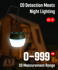 Image of Portable Carbon Monoxide Detector With Ambient Light, Magnetic Mount and Metal Hook, hanging near a tent at night.