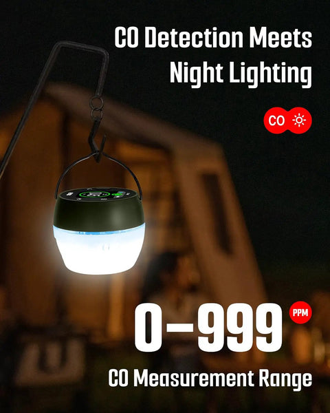 Image of Portable Carbon Monoxide Detector With Ambient Light, Magnetic Mount and Metal Hook, hanging near a tent at night.