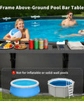 Swim Up Poolside Bar Table For Above Ground Pools, 49 by 9.6 Inches Rust Free ABS Top with items on table and pool users