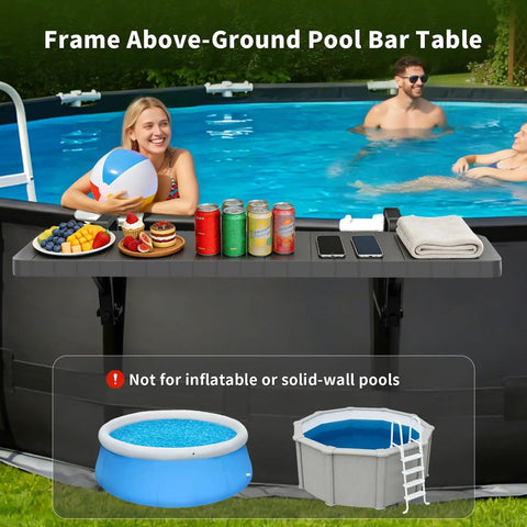 Swim Up Poolside Bar Table For Above Ground Pools, 49 by 9.6 Inches Rust Free ABS Top with items on table and pool users