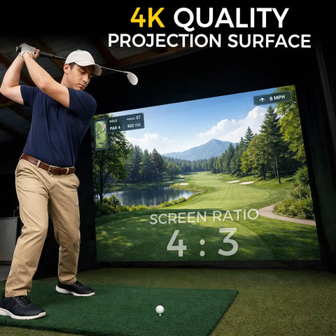 Golfer using Indoor Golf Simulator Enclosure Kit 10 X 8 Ft with 4K ready dual layer projection screen in a home setup