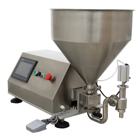 Straight Up Heavy Duty Single Head Liquid and Paste Bottle Filling Machine Built for Zero Sweat Operations With a Rock Solid Pneumatic Gear Pump and 20mm Nozzle for Honey Jam Syrup Drinks in stainless steel.