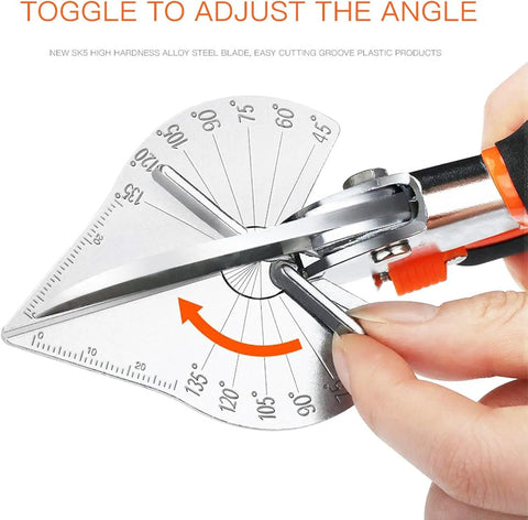 Close-up of hand using Miter Shears Adjustable Angle Cutter 45 To 135 Degrees For Shoe Molding Quarter Round And PVC SK5 Steel Trim Scissors Tool.