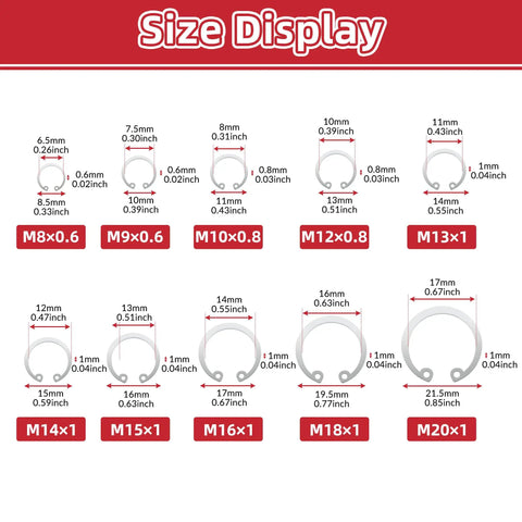 Size display of Internal Snap Ring Kit 315 Pieces 7 Size M8 to M20 E Clip Assortment for Grooved Shafts and Studs 304 Stainless Steel