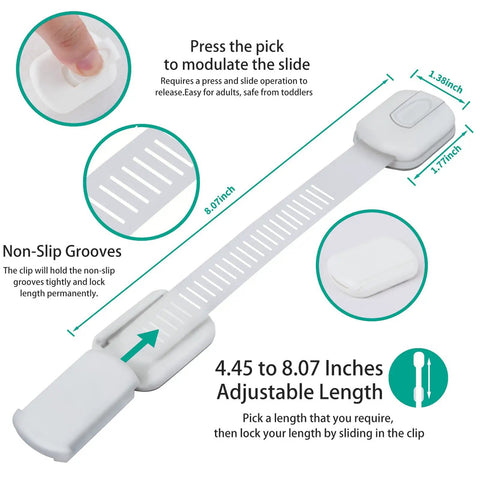 Multi Use Adhesive Strap Locks For Baby Proofing Cabinets And Drawers No Drill Easy Install Child Safety Latches For Fridge Dishwasher Toilet Oven Closet And Trash Can 6 Pack with adjustable length and non-slip grooves