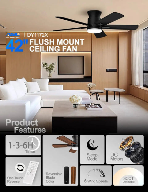 Super Slick 42 Inch Flush Mount Ceiling Fan With Remote And Dimmable 3Cct Led Light showcasing black hugger design in modern indoor setting.