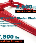 Heavy Duty Truck Tie Down Kit With 1/4 Inch And 5/16 Inch Chains And Binders, WLL 2600 Lbs, showcasing breaking strength of 7800 lbs