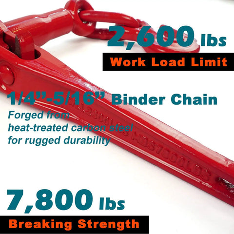 Heavy Duty Truck Tie Down Kit With 1/4 Inch And 5/16 Inch Chains And Binders, WLL 2600 Lbs, showcasing breaking strength of 7800 lbs