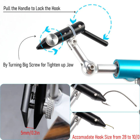 Close-up of Ultra Lightweight Rotary Fly Tying Vise With 360 Degree Rotation Aluminum Alloy Build showcasing handle and jaw adjustment