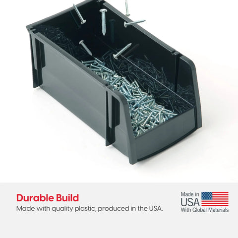 Large Stackable Plastic Shelf Bins 8 Pack Open Front Organizer For Parts Tools Hardware Pantry Garage 13 Inch Long By 6 Inch Wide By 5 Inch High Made In USA Black, shown with metal screws, made from durable black plastic.