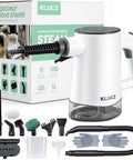 Kick Dirt To The Curb With This 14in1 Handheld Steam Cleaner showing multiple tool attachments and 450ml tank for versatile cleaning.