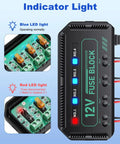 Close-up of the Drop In 12V Fuse Block With 20A Relay Junction Kit showing LED indicators for operational status in a vehicle.