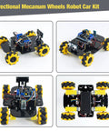 LAFVIN 4WD Mecanum robot car kit front view with black chassis and yellow wheels.
LAFVIN 4WD Mecanum robot car kit side view with exposed electronics and yellow wheels.
LAFVIN 4WD Mecanum robot car kit top-down view showing control board and yellow wheels.
LAFVIN 4WD Mecanum robot car kit close-up of motor modules and wiring.