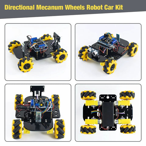LAFVIN 4WD Mecanum robot car kit front view with black chassis and yellow wheels.
LAFVIN 4WD Mecanum robot car kit side view with exposed electronics and yellow wheels.
LAFVIN 4WD Mecanum robot car kit top-down view showing control board and yellow wheels.
LAFVIN 4WD Mecanum robot car kit close-up of motor modules and wiring.
