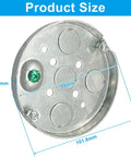 Built Tough Shallow Round Metal Electrical Junction Box 1/2 Inch Deep Galvanized Steel Wiring Hub 2 Pack showing top view with size measurements.