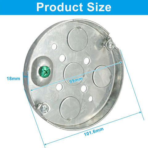 Built Tough Shallow Round Metal Electrical Junction Box 1/2 Inch Deep Galvanized Steel Wiring Hub 2 Pack showing top view with size measurements.