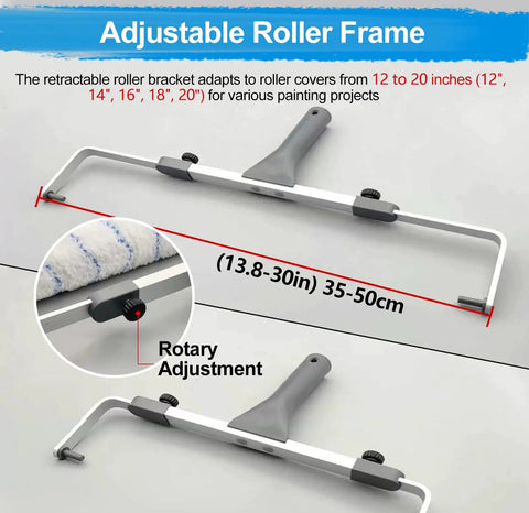 Pro Grade 18 Inch Microfiber Paint Roller Kit With Adjustable Extension Pole And Rolling Tray For Fast Interior Exterior Wall And Ceiling Jobs Medium Nap Polyester 6 Pack showing adjustable roller frame for 12 to 20 inch covers.