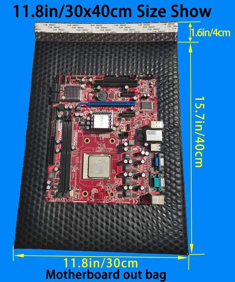10 Pack Large Anti Static Bubble Bags 11.8x15.7in 30x40cm holding motherboard with measurements shown