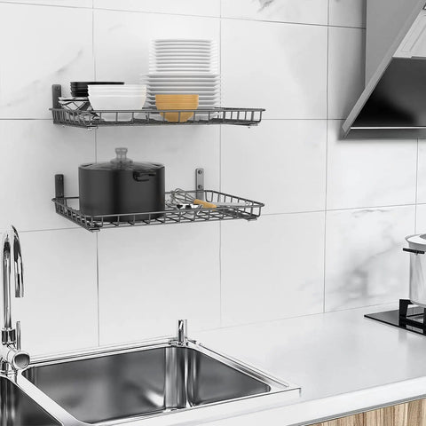 Two Pack 12 By 24 Inch Wall Mounted Shelves For Garage Closet And Laundry Room Heavy Duty Floating Shelves With Durable L Shaped Brackets Holds Up To 60 Lbs Easy 16 Inch Stud Installation Black, installed above kitchen sink with dishware and pots.