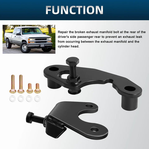 Heavy Duty Exhaust Manifold Bolt Repair Kit For Chevrolet Silverado GMC Sierra Yukon Escalade showing black metal parts and bolts.
