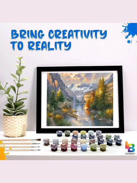 Chill Paint By Numbers Kit For Adults Unframed Canvas With Real Licensed Artwork Beginner To Advanced Includes Acrylic Paint Set Brushes And Tabletop Easel Rocky Mountain Campsite 16x20 with easel and paints