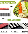 Front view: wooden-handle crinkle cutter with stainless steel wavy blades; XL, 7.3 in for potatoes/carrots
