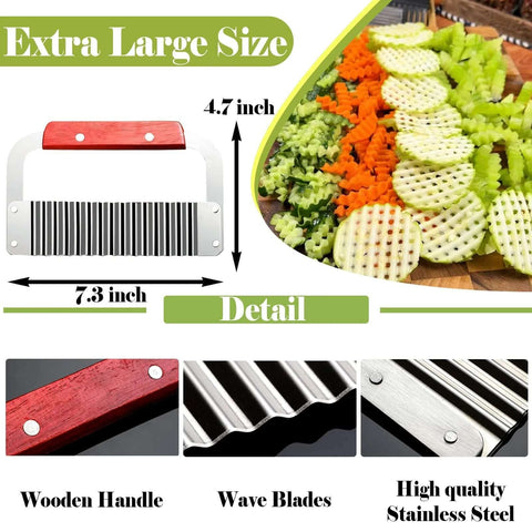 Front view: wooden-handle crinkle cutter with stainless steel wavy blades; XL, 7.3 in for potatoes/carrots