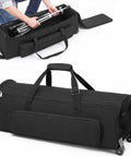 Badass 32 Inch Rolling Drum Hardware Duffle Bag With Smooth Wheels And Slamming Padding For Cymbal Stands Pedals Plus Side Pockets For Dope Gear Ready To Rock, showcasing a sturdy black bag with cymbal stand inside.