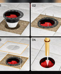 Installation process of No Sweat Plug And Play Freestanding Tub Drain Kit With Brass Tailpiece showing assembly steps on tile floor.