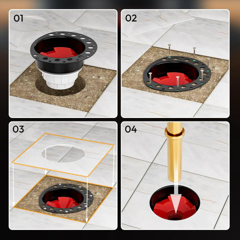 Installation process of No Sweat Plug And Play Freestanding Tub Drain Kit With Brass Tailpiece showing assembly steps on tile floor.