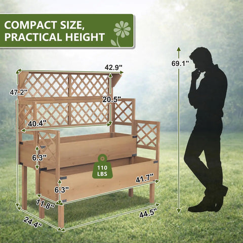Dimensions of Two Tier Raised Garden Bed With Trellis And Lattice Back For Climbing Plants Wooden Outdoor Planter.