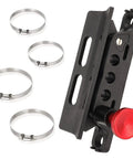 Quick Release Fire Extinguisher Holder Mount Bracket for Wrangler and UTVs with four clamps shown in black and red metal.