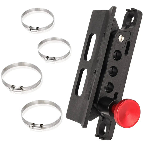 Quick Release Fire Extinguisher Holder Mount Bracket for Wrangler and UTVs with four clamps shown in black and red metal.
