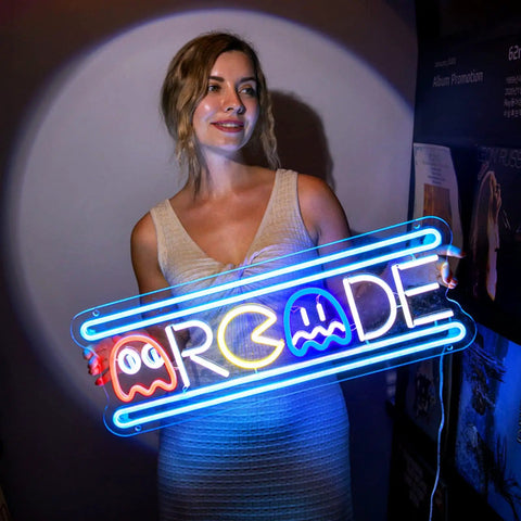 Person holding Large Arcade Neon Sign 25 Inches Upgraded Retro Ghost Arcade LED Light Handmade Aesthetic Night Lamp For Game Room And Man Cave