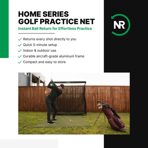 Person using Home Series Golf Training Net 7x7 With Auto Ball Return Portable Indoor Outdoor Practice Net