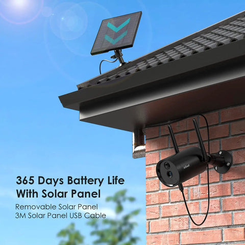 Solar Outdoor Security Camera Wireless Wire Free 1080p With Night Vision mounted under eave, solar panel on roof visible