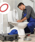 Installer fitting toilet with Canister Flush Valve Seal Kit For Toilet Tank, Silicone Replacement Gasket, red visible.
