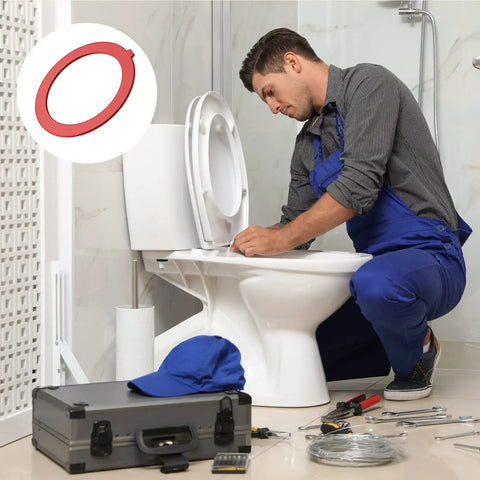 Installer fitting toilet with Canister Flush Valve Seal Kit For Toilet Tank, Silicone Replacement Gasket, red visible.