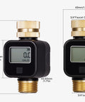 Front and side view of water flow meter with brass inlet and outlet, heavy duty metal threaded connections, precise flow rate readout.