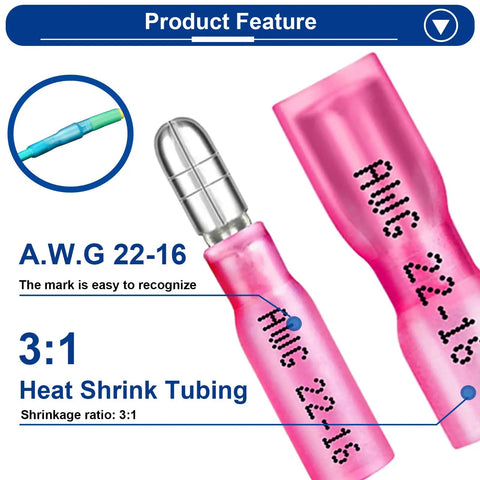 Close-up of pink heat shrink tubing with AWG 22-16 label, part of 110-Piece Heat Shrink Bullet Wire Connectors Kit for Automotive Boats Stereo