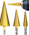 3 Piece Straight Grooved Step Drill Bit Set With Hex Shank HSS Titanium Coated Drill Bits For Metal Wood Plastic Sizes 4 To 12mm visible