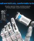 Rechargeable 1800 Lumen EDC Flashlight in robotic hand, showing ergonomic design and size dimensions, tiny but mighty.