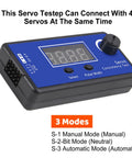 Comprehensive RC Servo Tester with Display for Hobbyists showing 3 modes: manual, neutral, automatic for various RC models.