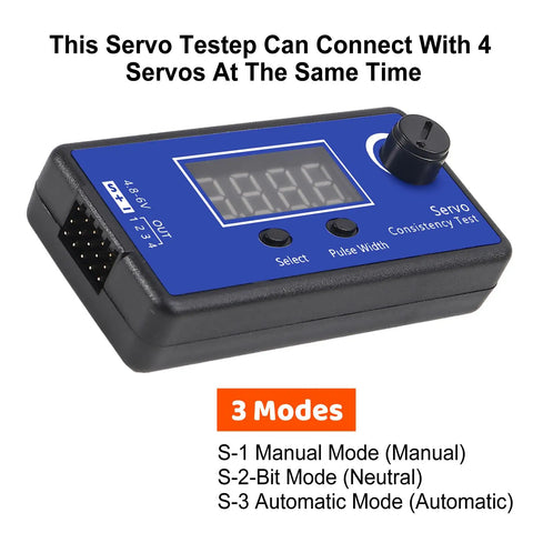 Comprehensive RC Servo Tester with Display for Hobbyists showing 3 modes: manual, neutral, automatic for various RC models.