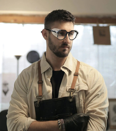 Man wearing slip-on eye glasses side shields for safety, showcasing 10 Pack Slip On Eye Glasses Side Shields For Safety Glasses