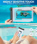 Large Waterproof Phone Pouch With Sealing Strip, user holding phone underwater in white IPX8 floating dry bag with dual pockets