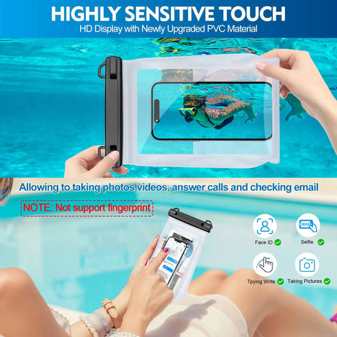 Large Waterproof Phone Pouch With Sealing Strip, user holding phone underwater in white IPX8 floating dry bag with dual pockets