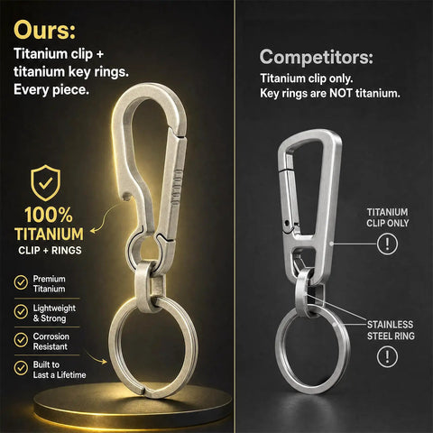 Comparison image of titanium carabiner keychain with quick release clip, heavy duty key ring and lightweight titanium alloy clip for keys.
