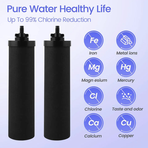 Two black purification filters for 2.25 Gallon Stainless Steel Gravity Fed Water Filter System With NSF ANSI 42 And 372 Certification.